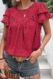 LC25126147-P3-S, LC25126147-P3-M, LC25126147-P3-L, LC25126147-P3-XL, Fiery Red Dotted Ruffle Sleeve Crew Neck Ruched Blouse