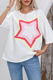 LC25224353-P1-S, LC25224353-P1-M, LC25224353-P1-L, LC25224353-P1-XL, White Colorblock Star Patched Half Sleeve Oversized Tee