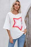 LC25224353-P1-S, LC25224353-P1-M, LC25224353-P1-L, LC25224353-P1-XL, White Colorblock Star Patched Half Sleeve Oversized Tee