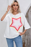 LC25224353-P1-S, LC25224353-P1-M, LC25224353-P1-L, LC25224353-P1-XL, White Colorblock Star Patched Half Sleeve Oversized Tee