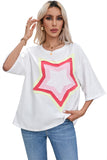 LC25224353-P1-S, LC25224353-P1-M, LC25224353-P1-L, LC25224353-P1-XL, White Colorblock Star Patched Half Sleeve Oversized Tee