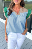 Women Colorblock Ruffled Sleeve Frill V Neck Blouse