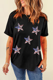 LC25225494-2-S, LC25225494-2-M, LC25225494-2-L, LC25225494-2-XL, LC25225494-2-2XL, Black Sequined American Flag Star Graphic T Shirt