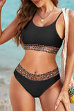 LC433542-2-S, LC433542-2-M, LC433542-2-L, LC433542-2-XL, LC433542-2-XS, Black Leopard Mesh Trim 2pcs Bikini Swimsuit