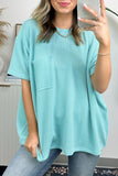 LC25225328-P404-S, LC25225328-P404-M, LC25225328-P404-L, LC25225328-P404-XL, Turquoise Corded Knit Pocketed Loose Fit T Shirt