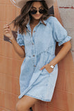 LC786546-P804-S, LC786546-P804-M, LC786546-P804-L, LC786546-P804-XL, Beau Blue Mineral Wash Ruffled Short Sleeve Buttoned Denim Dress