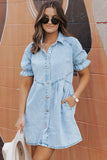 LC786546-P804-S, LC786546-P804-M, LC786546-P804-L, LC786546-P804-XL, Beau Blue Mineral Wash Ruffled Short Sleeve Buttoned Denim Dress