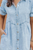 LC786546-P804-S, LC786546-P804-M, LC786546-P804-L, LC786546-P804-XL, Beau Blue Mineral Wash Ruffled Short Sleeve Buttoned Denim Dress