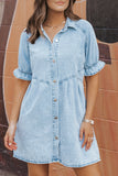 LC786546-P804-S, LC786546-P804-M, LC786546-P804-L, LC786546-P804-XL, Beau Blue Mineral Wash Ruffled Short Sleeve Buttoned Denim Dress