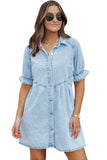 LC786546-P804-S, LC786546-P804-M, LC786546-P804-L, LC786546-P804-XL, Beau Blue Mineral Wash Ruffled Short Sleeve Buttoned Denim Dress