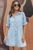 LC786546-P804-S, LC786546-P804-M, LC786546-P804-L, LC786546-P804-XL, Beau Blue Mineral Wash Ruffled Short Sleeve Buttoned Denim Dress