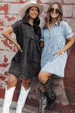 LC786546-P804-S, LC786546-P804-M, LC786546-P804-L, LC786546-P804-XL, Beau Blue Mineral Wash Ruffled Short Sleeve Buttoned Denim Dress