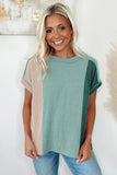 LC25225295-P1009-S, LC25225295-P1009-M, LC25225295-P1009-L, LC25225295-P1009-XL, Mint Green Textured Colorblock Crew Neck T Shirt