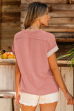 LC25225295-P2010-S, LC25225295-P2010-M, LC25225295-P2010-L, LC25225295-P2010-XL, Apricot Pink Textured Colorblock Crew Neck T Shirt