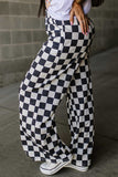 LC7712900-P2-S, LC7712900-P2-M, LC7712900-P2-L, LC7712900-P2-XL, Black 2-Tone Checked Print High Waist Wide Leg Pants