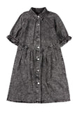 LC786546-P3011-S, LC786546-P3011-M, LC786546-P3011-L, LC786546-P3011-XL, Medium Grey Mineral Wash Ruffled Short Sleeve Buttoned Denim Dress