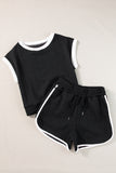 LC626052-P2-S, LC626052-P2-M, LC626052-P2-L, LC626052-P2-XL, LC626052-P2-2XL, Black Contrast Trim Cable Textured Shorts Set