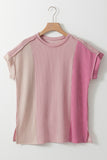 LC25225295-P10-S, LC25225295-P10-M, LC25225295-P10-L, LC25225295-P10-XL, Pink Textured Colorblock Crew Neck T Shirt