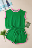 LC626052-P9-S, LC626052-P9-M, LC626052-P9-L, LC626052-P9-XL, LC626052-P9-2XL, Green Contrast Trim Cable Textured Shorts Set