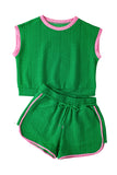 LC626052-P9-S, LC626052-P9-M, LC626052-P9-L, LC626052-P9-XL, LC626052-P9-2XL, Green Contrast Trim Cable Textured Shorts Set