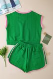 LC626052-P9-S, LC626052-P9-M, LC626052-P9-L, LC626052-P9-XL, LC626052-P9-2XL, Green Contrast Trim Cable Textured Shorts Set