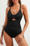 LC443640-2-S, LC443640-2-M, LC443640-2-L, LC443640-2-XL, LC443640-2-2XL, Black Ribbed Sexy Cutout Ruched Monokini