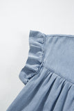 LC786642-P804-S, LC786642-P804-M, LC786642-P804-L, LC786642-P804-XL, Beau Blue Ruffle Short Sleeve Tiered A-line Denim Dress