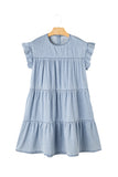 LC786642-P804-S, LC786642-P804-M, LC786642-P804-L, LC786642-P804-XL, Beau Blue Ruffle Short Sleeve Tiered A-line Denim Dress