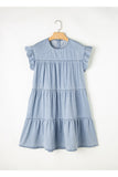 LC786642-P804-S, LC786642-P804-M, LC786642-P804-L, LC786642-P804-XL, Beau Blue Ruffle Short Sleeve Tiered A-line Denim Dress