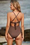 LC443640-17-S, LC443640-17-M, LC443640-17-L, LC443640-17-XL, LC443640-17-2XL, Brown Ribbed Sexy Cutout Ruched Monokini