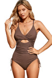 LC443640-17-S, LC443640-17-M, LC443640-17-L, LC443640-17-XL, LC443640-17-2XL, Brown Ribbed Sexy Cutout Ruched Monokini