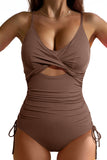 LC443640-17-S, LC443640-17-M, LC443640-17-L, LC443640-17-XL, LC443640-17-2XL, Brown Ribbed Sexy Cutout Ruched Monokini