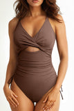 LC443640-17-S, LC443640-17-M, LC443640-17-L, LC443640-17-XL, LC443640-17-2XL, Brown Ribbed Sexy Cutout Ruched Monokini