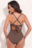 LC443640-17-S, LC443640-17-M, LC443640-17-L, LC443640-17-XL, LC443640-17-2XL, Brown Ribbed Sexy Cutout Ruched Monokini