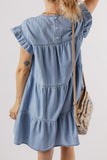 LC786642-P804-S, LC786642-P804-M, LC786642-P804-L, LC786642-P804-XL, Beau Blue Ruffle Short Sleeve Tiered A-line Denim Dress