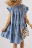 LC786642-P804-S, LC786642-P804-M, LC786642-P804-L, LC786642-P804-XL, Beau Blue Ruffle Short Sleeve Tiered A-line Denim Dress