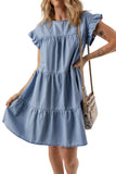 LC786642-P804-S, LC786642-P804-M, LC786642-P804-L, LC786642-P804-XL, Beau Blue Ruffle Short Sleeve Tiered A-line Denim Dress