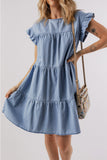 LC786642-P804-S, LC786642-P804-M, LC786642-P804-L, LC786642-P804-XL, Beau Blue Ruffle Short Sleeve Tiered A-line Denim Dress