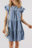 LC786642-P804-S, LC786642-P804-M, LC786642-P804-L, LC786642-P804-XL, Beau Blue Ruffle Short Sleeve Tiered A-line Denim Dress