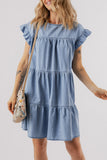 LC786642-P804-S, LC786642-P804-M, LC786642-P804-L, LC786642-P804-XL, Beau Blue Ruffle Short Sleeve Tiered A-line Denim Dress