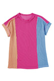 LC25225295-P6-S, LC25225295-P6-M, LC25225295-P6-L, LC25225295-P6-XL, Rose Red Textured Colorblock Crew Neck T Shirt