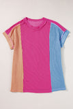 LC25225295-P6-S, LC25225295-P6-M, LC25225295-P6-L, LC25225295-P6-XL, Rose Red Textured Colorblock Crew Neck T Shirt