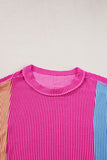 LC25225295-P6-S, LC25225295-P6-M, LC25225295-P6-L, LC25225295-P6-XL, Rose Red Textured Colorblock Crew Neck T Shirt