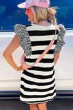 LC6120812-P219-S, LC6120812-P219-M, LC6120812-P219-L, LC6120812-P219-XL, Black Stripe Contrast Ruffled Sleeve T-shirt Dress