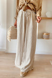 LC7712862-P1619-S, LC7712862-P1619-M, LC7712862-P1619-L, LC7712862-P1619-XL, Khaki Stripe Print Wide Leg Drawstring Pants