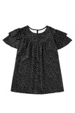 LC25126147-P2-S, LC25126147-P2-M, LC25126147-P2-L, LC25126147-P2-XL, Black Dotted Ruffle Sleeve Crew Neck Ruched Blouse