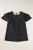 LC25126147-P2-S, LC25126147-P2-M, LC25126147-P2-L, LC25126147-P2-XL, Black Dotted Ruffle Sleeve Crew Neck Ruched Blouse