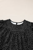 LC25126147-P2-S, LC25126147-P2-M, LC25126147-P2-L, LC25126147-P2-XL, Black Dotted Ruffle Sleeve Crew Neck Ruched Blouse