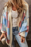 LC2711769-P422-S, LC2711769-P422-M, LC2711769-P422-L, LC2711769-P422-XL, Light Blue Checkered Drop Shoulder Exposed Seam Open Front Cardigan