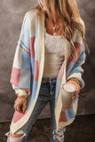 LC2711769-P422-S, LC2711769-P422-M, LC2711769-P422-L, LC2711769-P422-XL, Light Blue Checkered Drop Shoulder Exposed Seam Open Front Cardigan